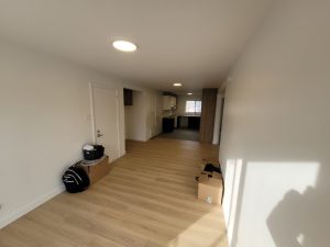 Appartement rénové et éclairé avec parquet en chêne clair et murs blancs